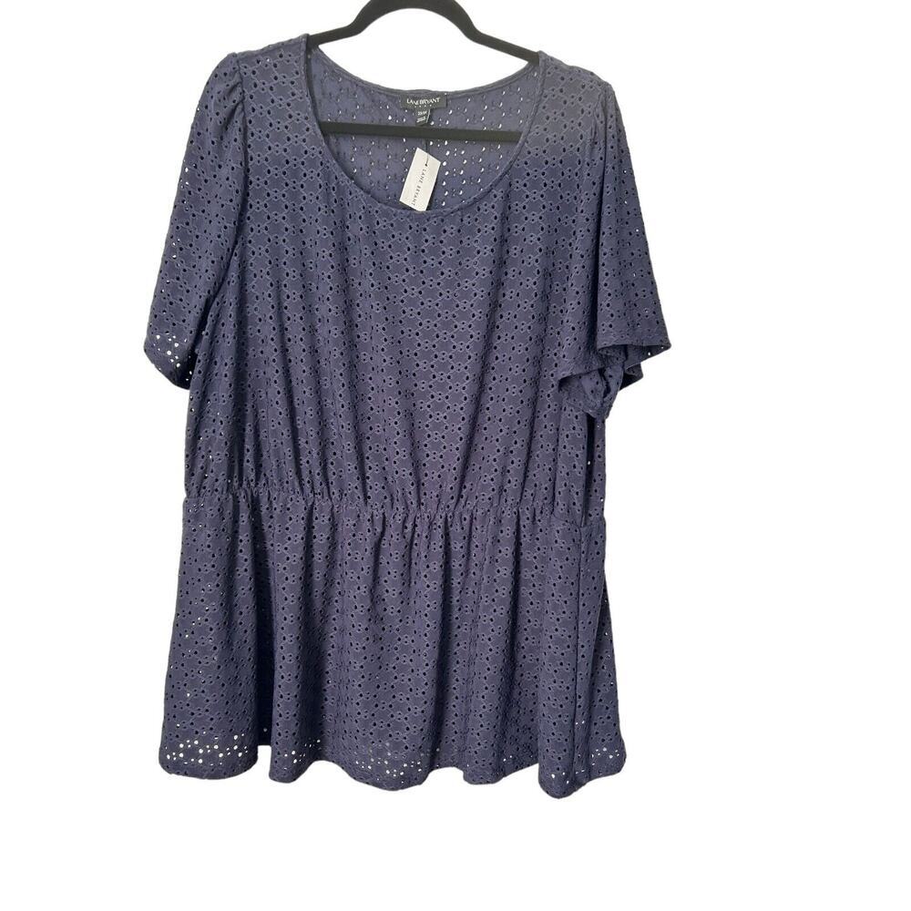 Lane Bryant Top Womens Size 22/24 Blue Eyelet Short Sleeve Crew Neck Peplum